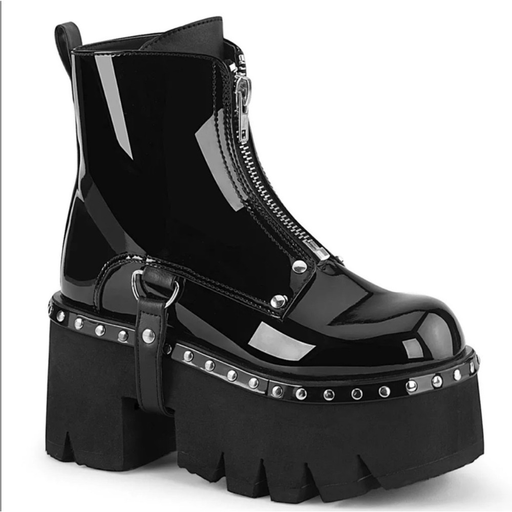 Demonia Shiny Black 3.5" Platform Harness
Studded Cutout Boots Club Goth